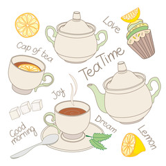 Naklejki  A collection of tea items on a white background. Isolated hand drawing tea party illustrations. Tea with lemon. Doodle style elements collection. Vector illustration
