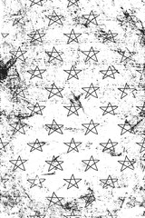 Grunge pattern with sketches stars on the scratches surface. Vertical black and white backdrop.