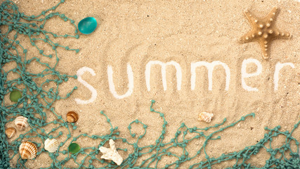 Summer inscription with seashells and details on sandy background. Summer flatlay