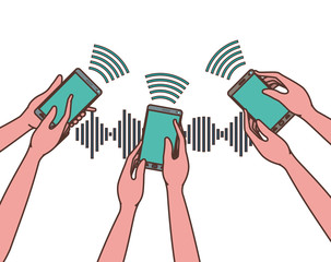 hands with smartphone and sound wave