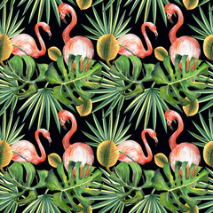 Seamless pattern  with hand painted flamingos and tropical leaves in watercolor on a black  background.