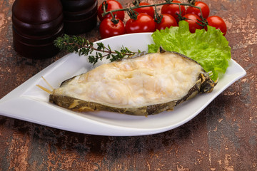 Baked wolffish steak