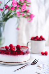Delicious no bake cheesecake on white background - 255826758