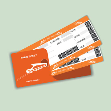 Modern train travel boarding pass two tickets isolated on white background.