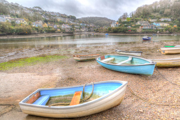 Boats on the river between Noss Mayo and Newton Ferrers Devon in HDR