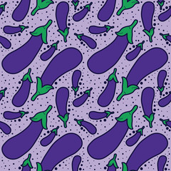 Eggplant vector lines seamless pattern. Funny doodle healthy food on a light background.