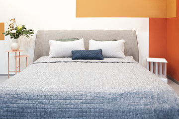 Luxury modern impressionism cubism avant-garde style bedroom and in pink, brown and blue tones,...