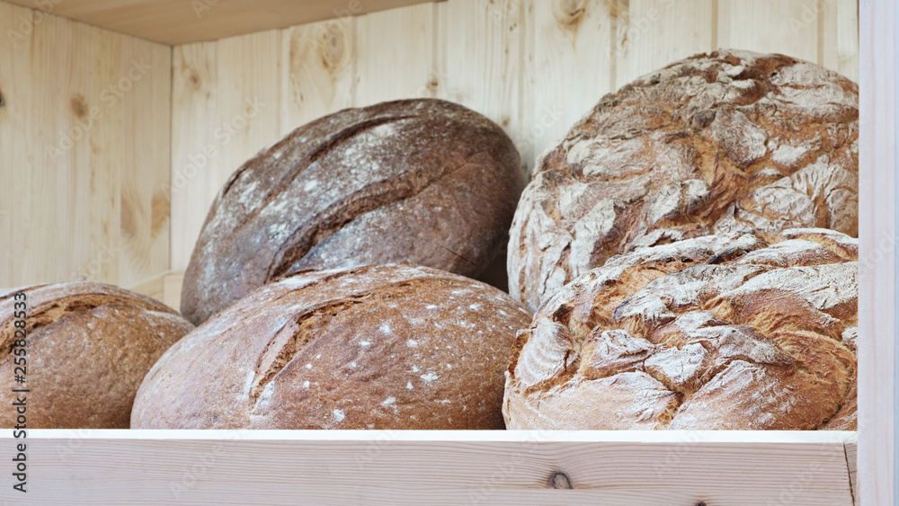 Poster breads on the shelf in the bakery