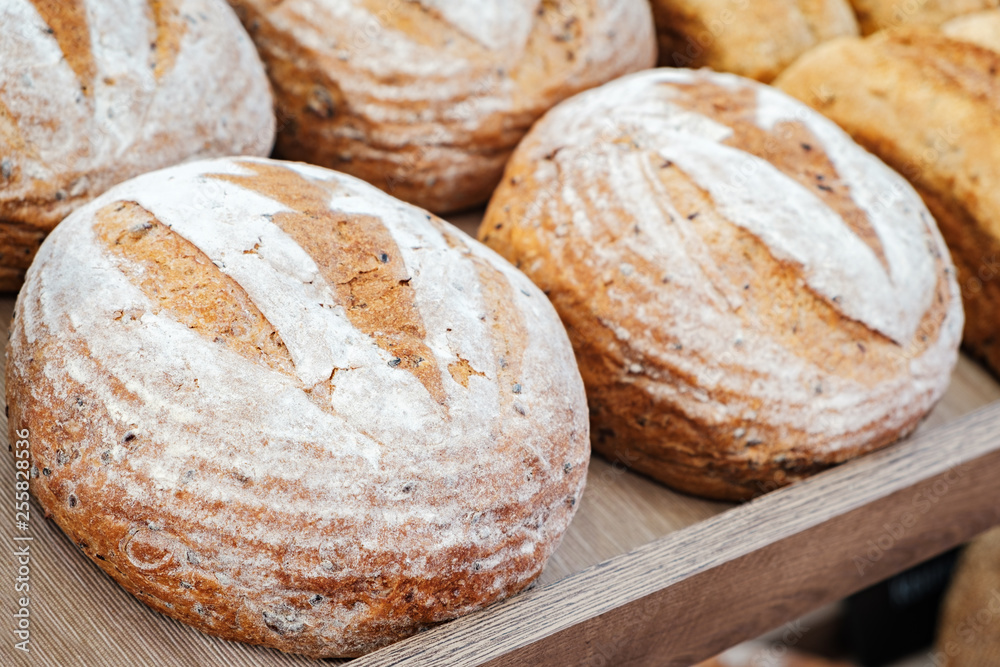 Poster breads on the shelf in the bakery