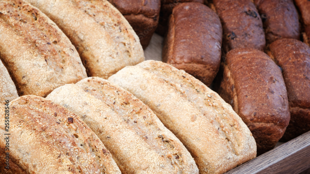 Poster breads on the shelf in the bakery