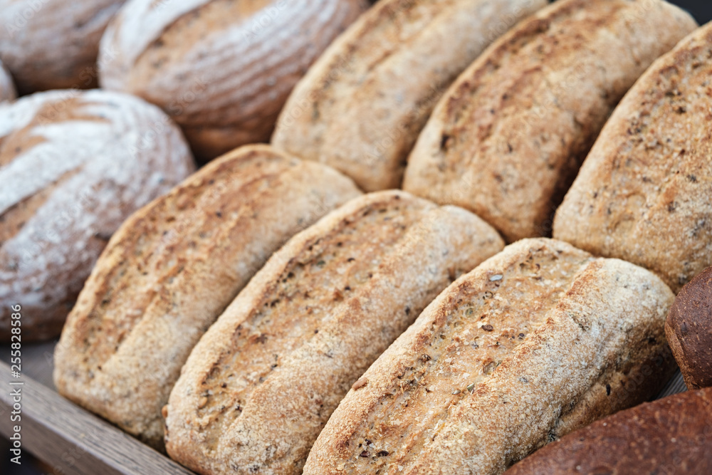 Poster breads on the shelf in the bakery