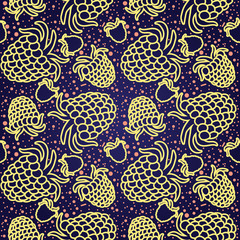 Raspberry vector lines seamless pattern. Funny doodle healthy food on a dark background.