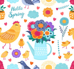 Colorful spring funny vector seamless pattern with flowers and birds on white background.