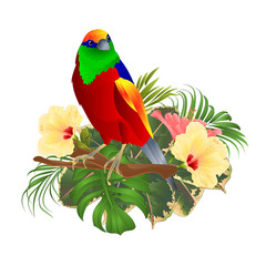 Oiseau tropical sur une branche avec palmier hibiscus fleurs tropicales, philodendron sur fond blanc illustration vectorielle vintage tirage à la main modifiable