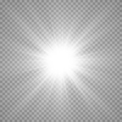 Special lens flash, light effect. The flash flashes rays and searchlight. illust.White glowing light. Beautiful star Light from the rays. The sun is backlit. Bright beautiful star. Sunlight. Glare.