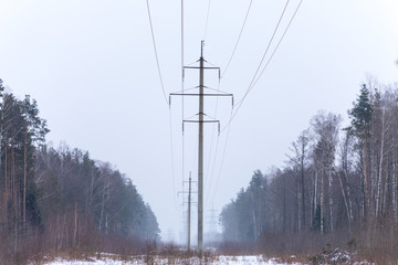 electricity pylon in winter forest