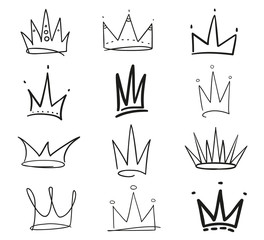 Collection of crowns on white. Hand drawn simple objects. Line art. Black and white illustration. Elements for design