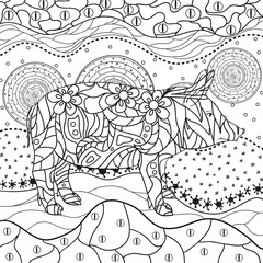 Ornate square pattern with pig. Hand drawn waved ornaments on white. Abstract patterns on isolated background. Design for spiritual relaxation for adults. Line art. Black and white illustration