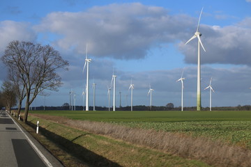 Rural landscape in northern Germany with wind power stations