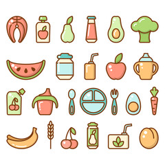 Baby food colored icons set. Flat style vector illustration. Suitable for web
