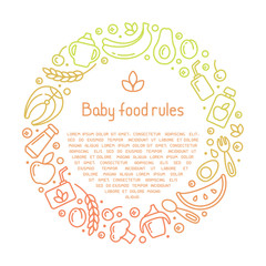 Round frame concept with baby food elements and sample text. Outline style vector illustration. Suitable for advertising