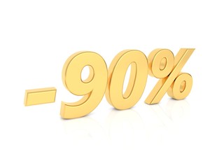 Discount - 90 percent gold numbers on a white background. 3d render illustration.