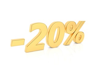 Discount -20 percent gold numbers on a white background. 3d render illustration.