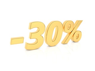 Discount -30 percent gold numbers on a white background. 3d render illustration.