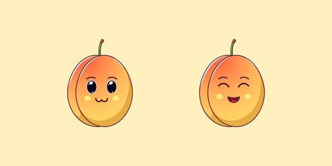 Cute Kawaii Apricot, Cartoon Ripe Fruit. Vector