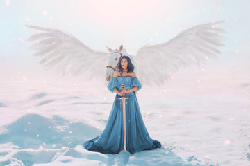 mysterious goddess of peace and justice from heaven near magical fairy white pegasus with strong...