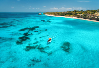 Aerial view of boats on tropical sea coast with sandy beach at sunny day. Summer holiday on Indian Ocean, Zanzibar, Africa. Landscape with boat, palm trees, transparent blue water, hotels. Top view