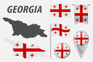 Georgia country. Collection of symbols in colors national flag on objects isolated on white background. Flag, pointer, button, waving and hanging flag, detailed outline map and country inside flag