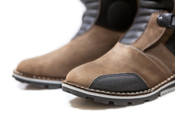 Toe-cap of motorcycle boots for motorcross riding, isolated on a white background