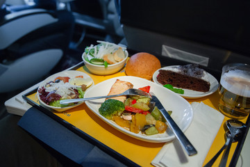 Food served on board of business class airplane