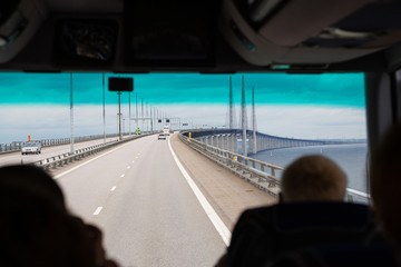 View of Oresund Bridge from tourist bus, Denmark