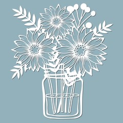 chrysanthemum in a jar of water. Vector illustration. Paper flower, stickers. Laser cut. Template for Plotter. Pattern for the laser cut, serigraphy, plotter and screen printing.