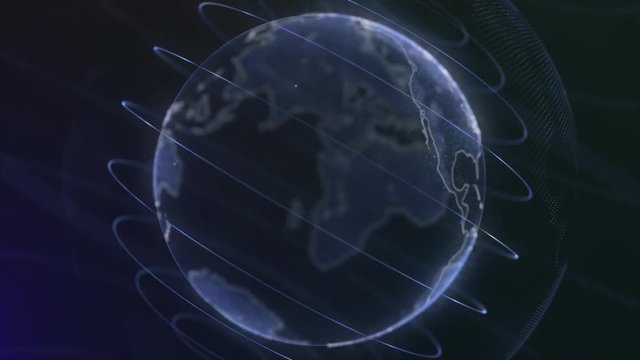 Pixel planet Earth animation. Animation of space with digital exploding Earth, Abstract world map background. Rotating globe, shining continents with accented edges