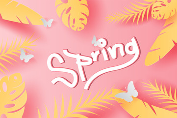 3D Paper art of illustration Summer Tropical leaf palm decoration on placed text background, Paper cut origami exotic Hawaii style forest,Summertime pastel sweet color comfortable for frame,vector.