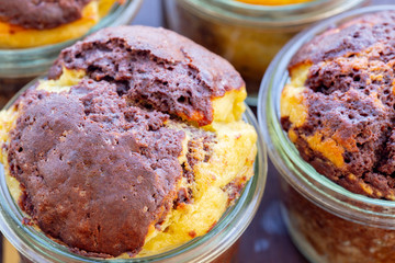 Homemade vegan chocolate cheesecake muffins baked in a jar