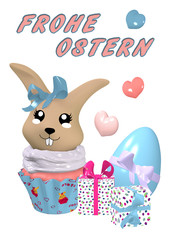 Osterkarte mit putzigem 3D Kawaii Osterhasen im Cupcake.