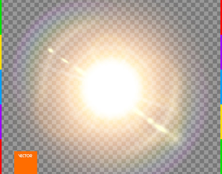 Vector sun. Glow transparent sunlight special lens flare light effect. Isolated flash rays and spotlight. Golden front translucent background. Blur abstract decor element. Star burst with spark.