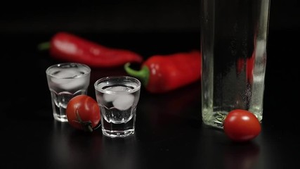 Cherry tomato roll up to two cups of vodka. Black background