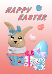 Osterkarte mit niedlichen 3D Kawaii Osterhasen im Cupcake.