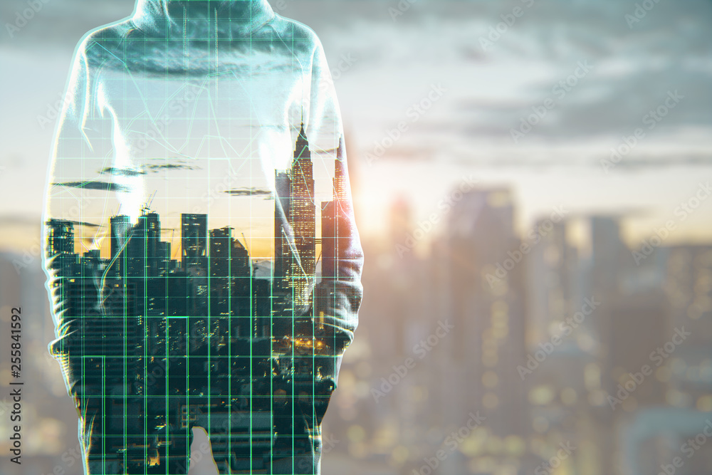 Poster hacker on city backdrop