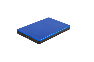 Elegant blue external hard drive on a white isolated background