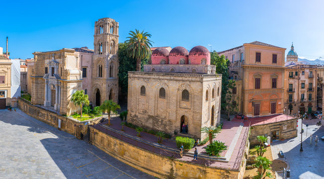 wide View of Piazza Bellini Square, Santa Maria dell'Ammiraglio Church known as Martorana Church and San Cataldo church. Palermo, sicily, Italy