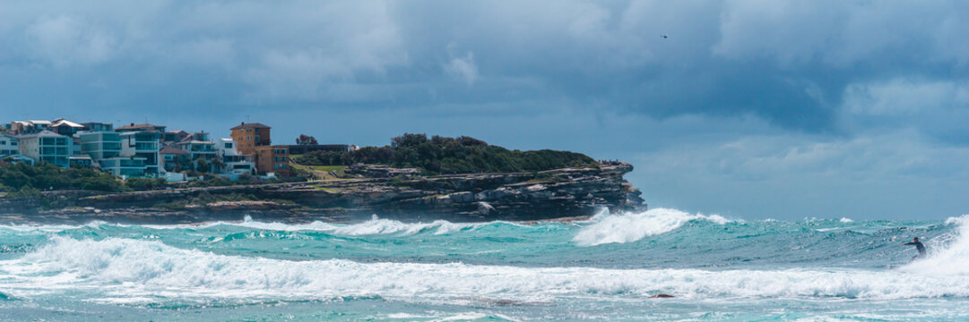 abstract seaside landscape during sunny day with natural colours, surfer - Powered by Adobe