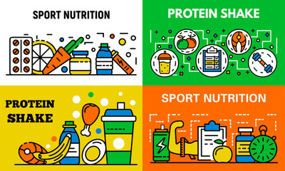 Sport nutrition banner set. Outline set of sport nutrition vector banner for web design