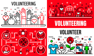 Volunteering banner set. Outline set of volunteering vector banner for web design