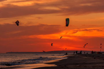 extreme group of professional kiters slide waves, jumps air on black sea with sail wing in hands led wind an sunset, onlookers photographers seagull on shore. village of annunciation. backlit, toned